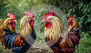 Vibrant Roosters With Bright Red Combs Standing Proud