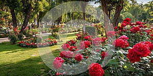 Vibrant Rose Garden Path Lush Greenery Blooming Flowers