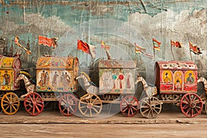 A vibrant row of colorful painted wooden wagons arranged on a wooden floor