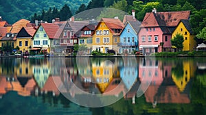 Vibrant row of homes by a lake with colorful reflections in the water. Scenic beauty, Ai Generated