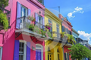 A vibrant row of houses with balconies in various hues create a lively and eye-catching scene, Colorful townhouses in New Orleans