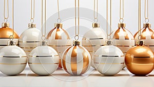 A vibrant row of shiny gold Christmas ornaments brings joy generated by AI