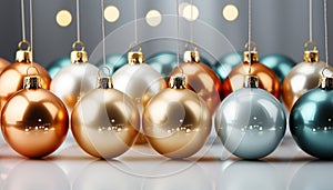 A vibrant row of shiny, gold Christmas ornaments in a circle generated by AI