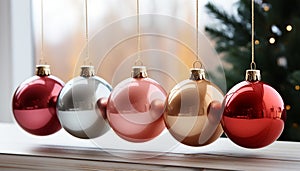 A vibrant row of shiny, gold Christmas ornaments hanging on a tree generated by AI