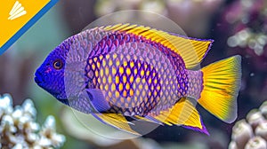 Vibrant royal gramma fish swimming amidst colorful corals in saltwater aquarium environment photo