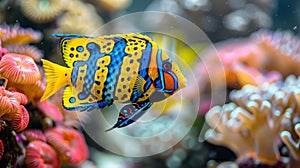Vibrant royal gramma fish swimming among colorful corals in a saltwater aquarium setting photo