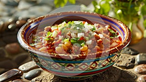 A vibrant, rustic bowl of charro beans, richly garnished with fresh cilantro, onions, and tomato, offering a traditional photo