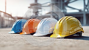 The vibrant safety helmets lined up on a construction site. AI generated image