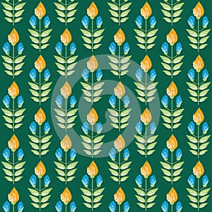 Vibrant saffron and aqua blue painterly flowers in minimal damask style design. Seamless vector pattern on green