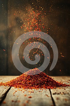 Vibrant saffron threads falling onto rustic wooden surface photo