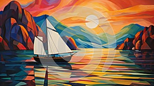 Vibrant Sail Boat Sunset Painting - Inspired By Erik Jones