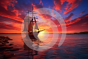 Vibrant Sailboat sea sunset view. Generate Ai