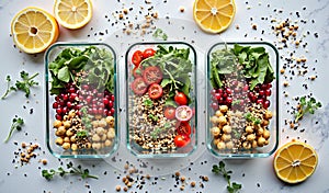 Vibrant salad meal prep with quinoa, chickpeas, arugula, and fresh vegetables