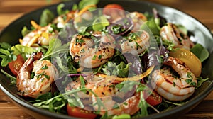 A vibrant salad of mixed greens heirloom tomatoes and grilled shrimp drizzled with a zesty citrus dressing