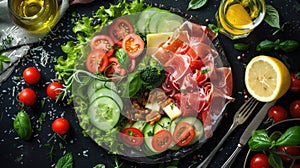 A vibrant salad with prosciutto, cheese, and fresh vegetables, artistically arranged with a drizzle of olive oil.