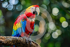 Vibrant Scarlet Macaw Perched on a Tree Branch in a Lush Tropical Forest with Vivid Colors and Detailed Feathers Showcasing