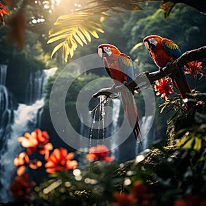 Vibrant Scarlet Macaws in Lush Rainforest