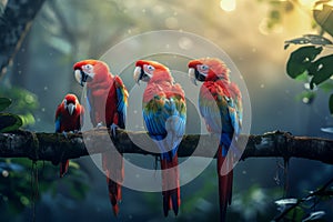Vibrant Scarlet Macaws Perched on Branch in Mystic Sunlit Forest