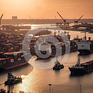 Bustling Shipping Port with Cargo Ships photo