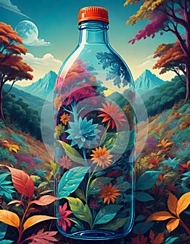Vibrant Scene of Nature Encapsulated Within Bottles in High Saturation, Generative AI
