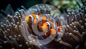 Vibrant school of multi colored fish swim in tropical reef harmony