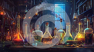 Vibrant Science Lab with Colorful Glassware and Chemical Products