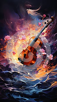 A vibrant score of musical notation fills the page. Created with Generative AI photo