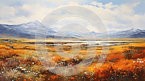 Vibrant Scottish Landscape Painting With Orange Flowers