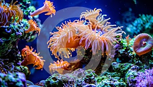 Vibrant sea anemone thriving in the colorful ecosystem of a beautiful coral reef