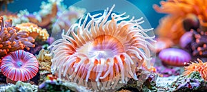 Vibrant sea anemone thriving in a diverse and colorful marine coral reef ecosystem photo