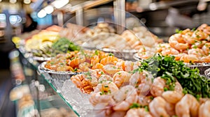 Vibrant seafood display on ice at market freshness captured in intricate detail