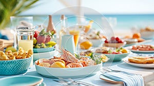 A vibrant seafood feast set on beachside table, evoking sense of joy and relaxation. colorful dishes and fresh ingredients create photo