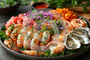 Vibrant seafood platter with colorful array of oysters, shrimp, and crab, complemented by greens and edible flowers.. AI photo