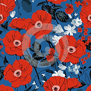 Vibrant seamless floral pattern with bright red and blue flowers