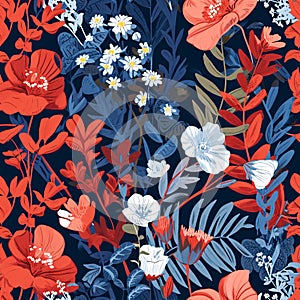 Vibrant seamless floral pattern with bright red and blue flowers