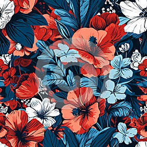 Vibrant seamless floral pattern with bright red and blue flowers