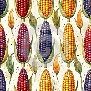 Vibrant Seamless Pattern of Colorful Corn Cobs and Husks