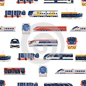 Vibrant Seamless Pattern Featuring Modern Trains And Trams In A Contemporary Repeated Design, Vector Wallpaper, Tile