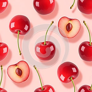 Vibrant Red Cherries Seamless Pattern on Pink Background