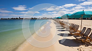 Vibrant seaside boardwalk with colorful beach huts, flowers, and umbrellas for summer promotion