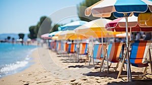 Vibrant seaside boardwalk with colorful beach huts and sun umbrellas, perfect for summer promotion