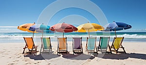 Vibrant seaside boardwalk with colorful beach huts and sun umbrellas for summer promotion