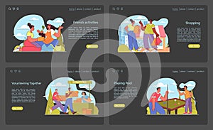 A vibrant set of illustrations showcases friends engaging. Flat vector illustration.