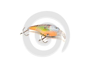 Vibrant shad crank bait fishing lure with sharp hooks and natural movement isolated on white background