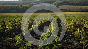 The vibrant shades of green and yellow of the hop plants leaves and cones contrasted against the dark fertile soil of photo