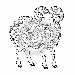 Vibrant Sheep Coloring Page With Long Horns - Andrzej Sykut Style photo