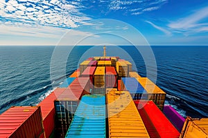 Vibrant shipping containers decorate the deck of a cargo ship as it sails across the open sea