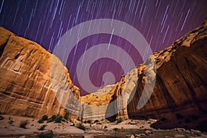 vibrant shooting stars over a desert canyon