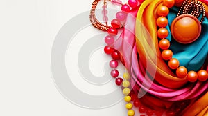 Vibrant silk scarves and colorful beads arranged on a white background