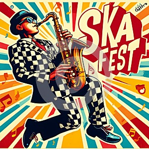 Vibrant Ska Fest Poster Featuring Saxophonist in Checkerboard Suit